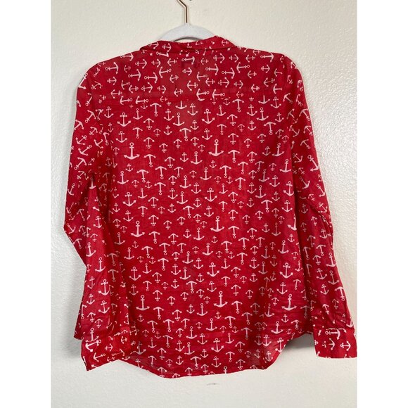 Old Navy Womens Red Anchor Print Button Up Shirt size Small Nautical sailor Ligh - Picture 15 of 15
